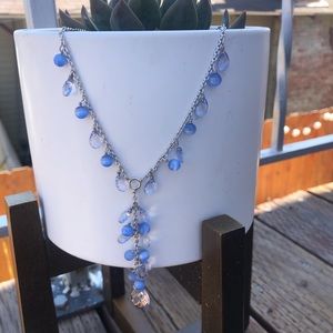 Blue Rhinestone and Pearl Teardrop Silver Necklace